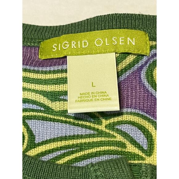 Sigrid Olsen Knit Cardigan Large Green Women's Purple Floral Silk Angora Beaded - Picture 5 of 15